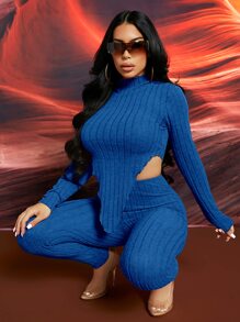 SHEIN SXY Solid Rib-knit Asymmetrical Hem Tee and Leggings Set - Blue - View 1