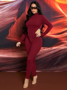 SHEIN SXY 素色羅紋針織不對稱下擺T恤和緊身褲套裝 - 酒紅色 - 查看 4