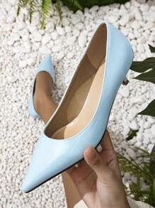 Neon-blue Point Toe Kitten Heeled Court Pumps - Baby Blue - View 1