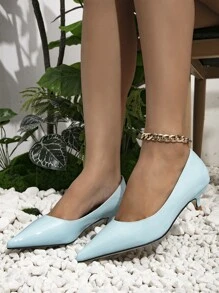 Neon-blue Point Toe Kitten Heeled Court Pumps - Baby Blue - View 4