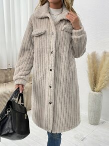 SHEIN LUNE Drop Shoulder Flap Detail Flannel Coat - Apricot - View 3