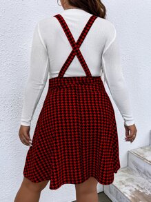 Calvaya Plus Houndstooth Print Pinafore Dress Without Tee - Burgundy - View 2