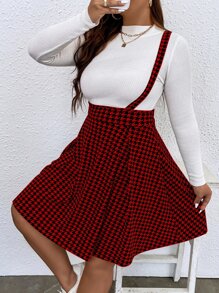 Calvaya Plus Houndstooth Print Pinafore Dress Without Tee - Burgundy - View 5