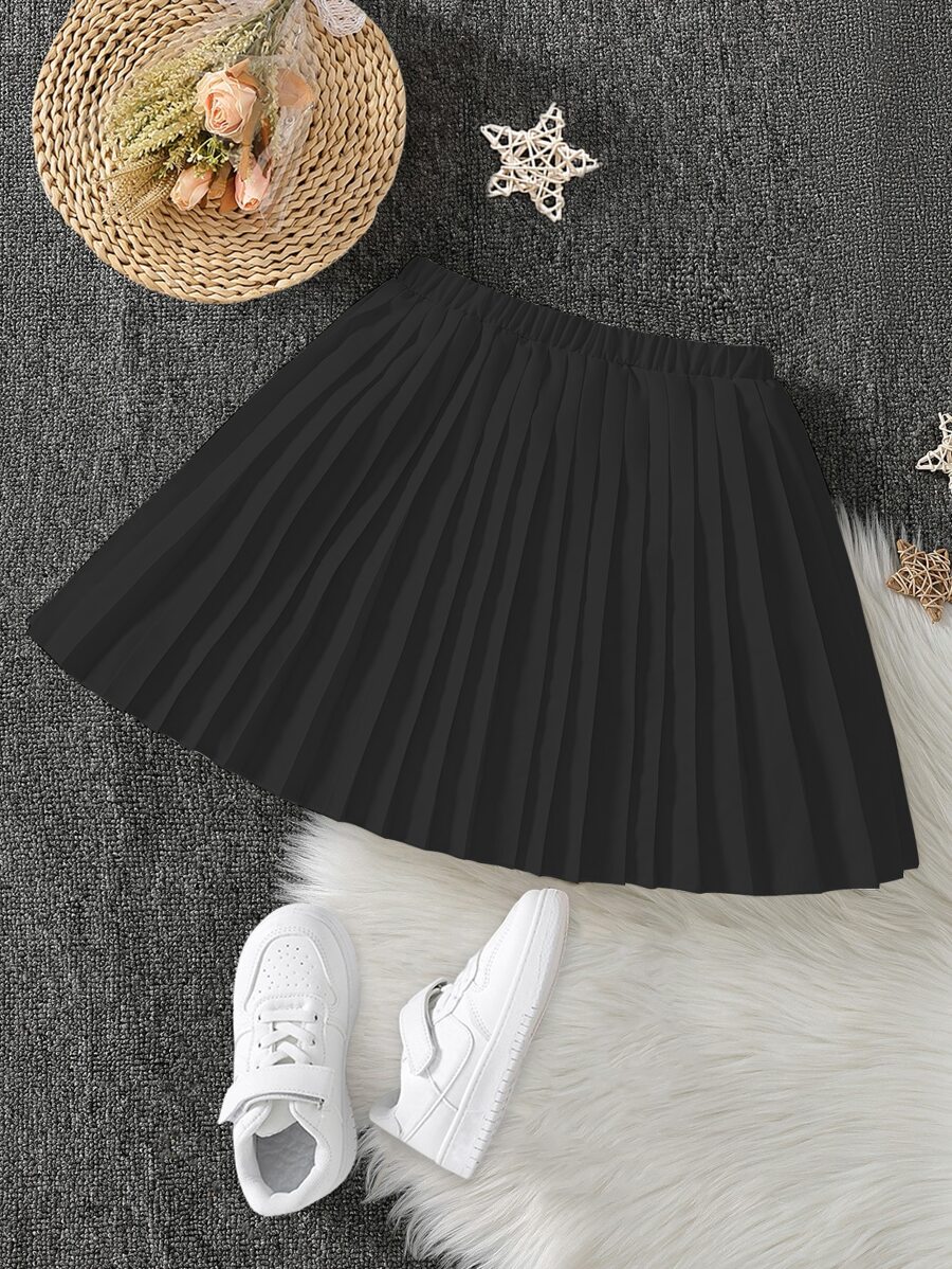 SHEIN Váy Gái Xếp li màu trơn Giải trí - màu đen - Xem 1