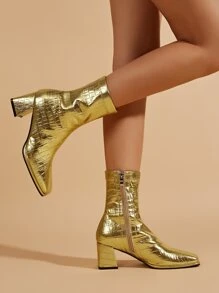 Metallic Crocodile Embossed Chunky Heeled Classic Boots - Gold - View 1
