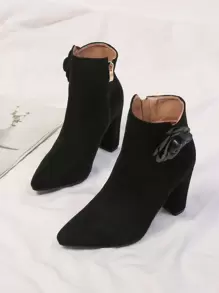 Flower Decor Faux Suede Point Toe Chunky Heeled Classic Boots - Black - View 1