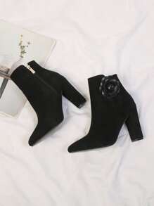 Flower Decor Faux Suede Point Toe Chunky Heeled Classic Boots - Black - View 2