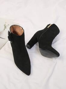 Flower Decor Faux Suede Point Toe Chunky Heeled Classic Boots - Black - View 3