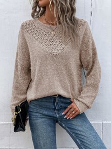 SHEIN LUNE Pointelle Knit Drop Shoulder Jumper - Khaki - View 3