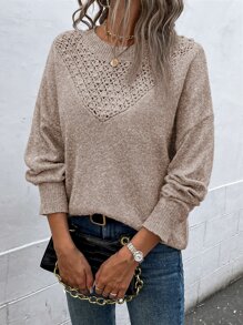 SHEIN LUNE Pointelle Knit Drop Shoulder Jumper - Khaki - View 4