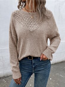 SHEIN LUNE Pointelle Knit Drop Shoulder Jumper - Khaki - View 5