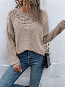 SHEIN LUNE Pointelle Knit Drop Shoulder Jumper - Khaki - View 6