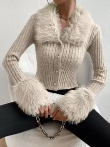 Zolique Fuzzy Collar Ribbed Knit Cardigan,Long Sleeve Tops - Apricot - View 1