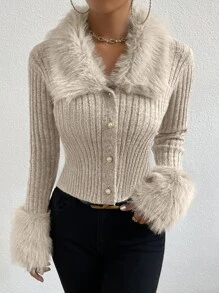 Zolique Fuzzy Collar Ribbed Knit Cardigan,Long Sleeve Tops - Apricot - View 5