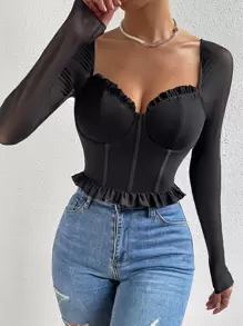 SHEIN Allurite Top bustier de malla en contraste ribete fruncido - Negro - Ver 1