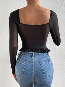 SHEIN Allurite Top bustier de malla en contraste ribete fruncido - Negro - Ver 2