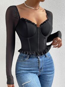 SHEIN Allurite Top bustier de malla en contraste ribete fruncido - Negro - Ver 3