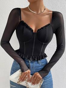 SHEIN Allurite Top bustier de malla en contraste ribete fruncido - Negro - Ver 4