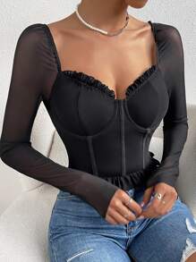 SHEIN Allurite Top bustier de malla en contraste ribete fruncido - Negro - Ver 5