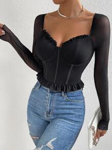 SHEIN Allurite Top bustier de malla en contraste ribete fruncido - Negro - Ver 6