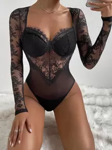 Zolique Áo liền quần ôm nữ Tương phản ren cắt màu trơn Gợi cảm - màu đen - Xem 4