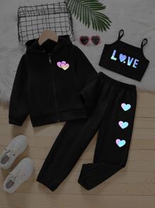 SHEIN 少女反光心形印花連帽衫+運動長褲+背心 - 黑色 - 查看 1