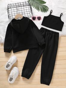 SHEIN 少女反光心形印花連帽衫+運動長褲+背心 - 黑色 - 查看 2