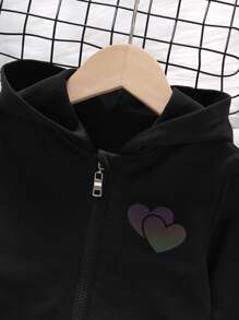 SHEIN 少女反光心形印花連帽衫+運動長褲+背心 - 黑色 - 查看 3