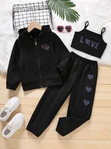 SHEIN 少女反光心形印花連帽衫+運動長褲+背心 - 黑色 - 查看 5