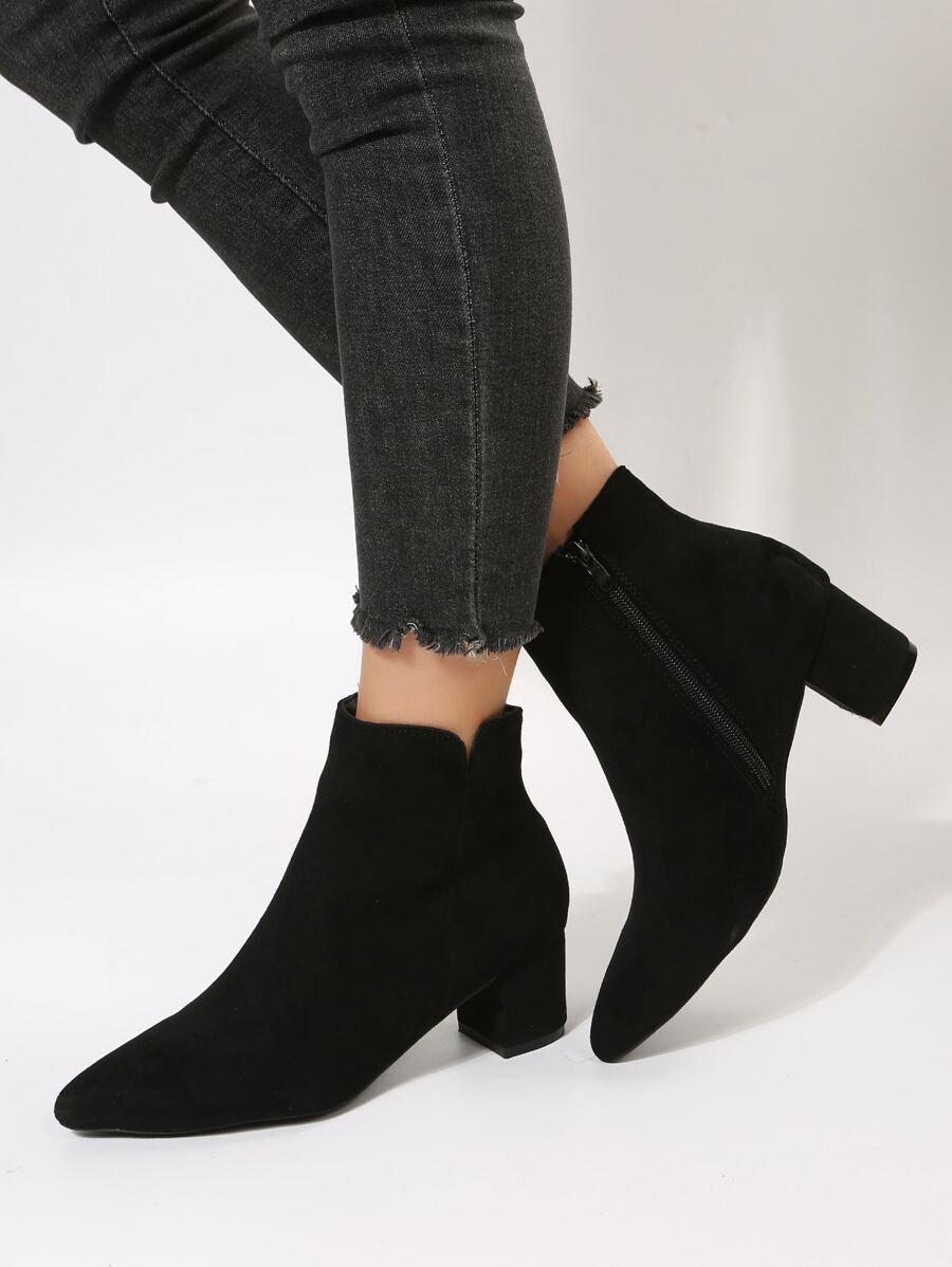 Women's Comfortable Pointed Toe Zipper Ankle Boots With Chunky Heels