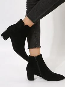 Women's Comfortable Pointed Toe Zipper Ankle Boots With Chunky Heels - Black - View 4