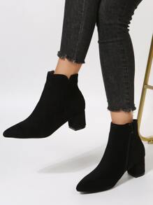 Women's Comfortable Pointed Toe Zipper Ankle Boots With Chunky Heels - Black - View 5