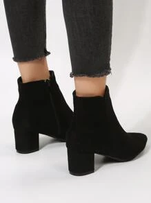 Women's Comfortable Pointed Toe Zipper Ankle Boots With Chunky Heels - Black - View 7