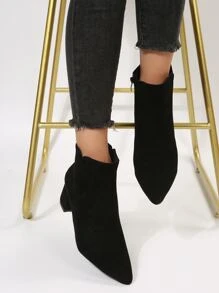 Women's Comfortable Pointed Toe Zipper Ankle Boots With Chunky Heels - Black - View 8