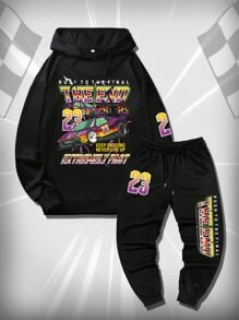 ROMWE MEN Hombres Pantalones deportivos con capucha con estampado de coche y letra con cordón - Negro - Ver 1