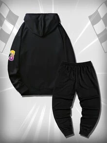 ROMWE MEN Hombres Pantalones deportivos con capucha con estampado de coche y letra con cordón - Negro - Ver 2