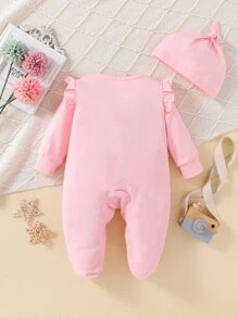 嬰兒女孩卡通刺繡荷葉邊連腳睡衣和帽子 - 淺粉色 - 查看 2