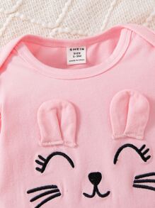 嬰兒女孩卡通刺繡荷葉邊連腳睡衣和帽子 - 淺粉色 - 查看 3