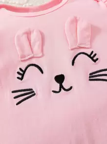 嬰兒女孩卡通刺繡荷葉邊連腳睡衣和帽子 - 淺粉色 - 查看 4