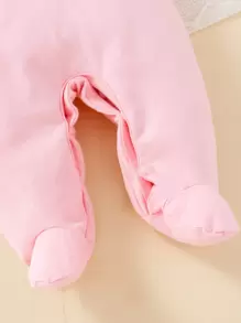 嬰兒女孩卡通刺繡荷葉邊連腳睡衣和帽子 - 淺粉色 - 查看 6