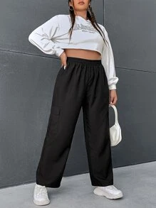 SHEIN EZwear Plus Flap Pocket Side Cargo Pants - Black - View 3