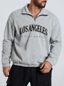 Manfinity Men Plus Letter Graphic Quarter Zip Drop Shoulder Sweatshirt - Grey - View 1