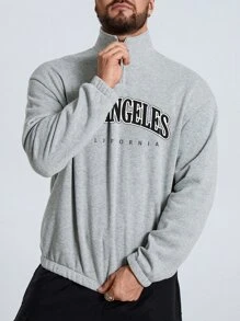 Manfinity Men Plus Letter Graphic Quarter Zip Drop Shoulder Sweatshirt - Grey - View 3