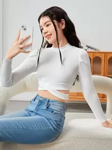 Tops con gái Cắt ra Gân đan Hội Chữ thập màu trơn Giải trí - trắng - Xem 1