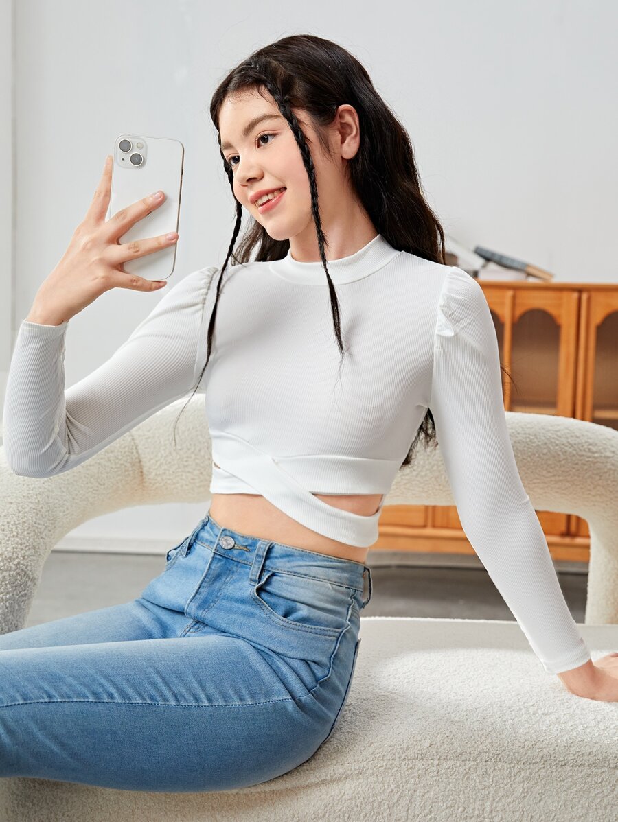 Tops con gái Cắt ra Gân đan Hội Chữ thập màu trơn Giải trí - trắng - Xem 1