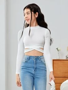 Tops con gái Cắt ra Gân đan Hội Chữ thập màu trơn Giải trí - trắng - Xem 4