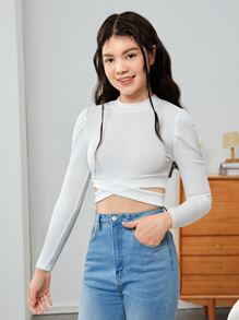 Tops con gái Cắt ra Gân đan Hội Chữ thập màu trơn Giải trí - trắng - Xem 5