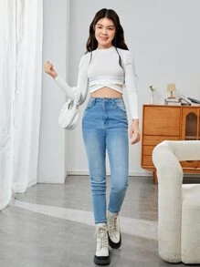 Tops con gái Cắt ra Gân đan Hội Chữ thập màu trơn Giải trí - trắng - Xem 6