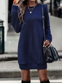 SHEIN LUNE Solid Cable Textured Sweatshirt Dress - Navy Blue - View 1