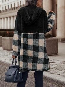 SHEIN LUNE Abrigo con estampado de cuadros con capucha de franela - Multicolor - Ver 2